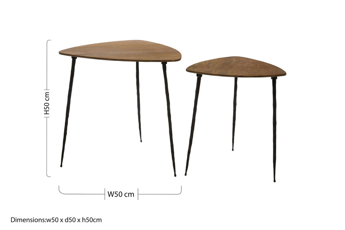 Set of 2 Brown Wooden Nesting Side Tables with Iron Legs, Gamelan