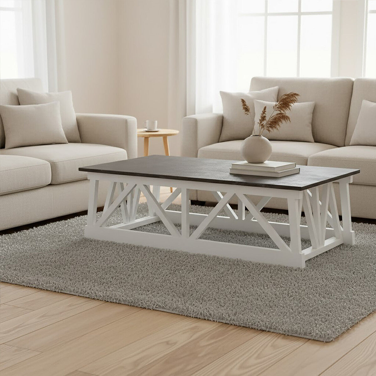 Stone Top Rectangular Coffee Table with White Alder Wood Base, Monas