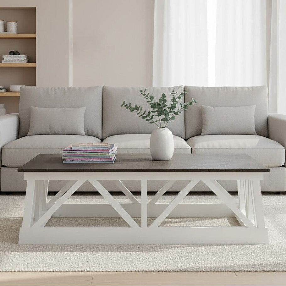 Stone Top Rectangular Coffee Table with White Alder Wood Base, Monas