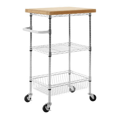Silver and Natural 3 Tier Kitchen Trolley with Rubber Wood Top, Frankfurt