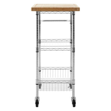 Silver and Natural 3 Tier Kitchen Trolley with Rubber Wood Top, Frankfurt