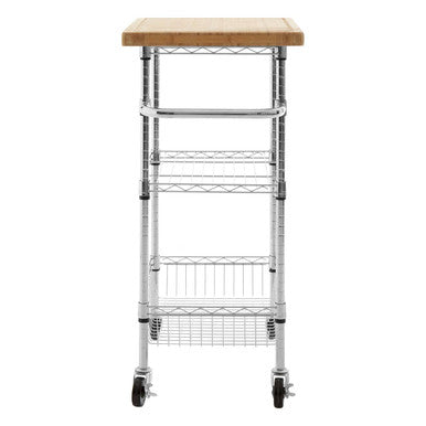 Silver and Natural 3 Tier Kitchen Trolley with Rubber Wood Top, Frankfurt