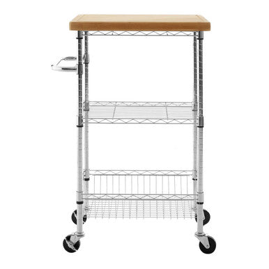 Silver and Natural 3 Tier Kitchen Trolley with Rubber Wood Top, Frankfurt
