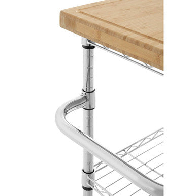 Silver and Natural 3 Tier Kitchen Trolley with Rubber Wood Top, Frankfurt