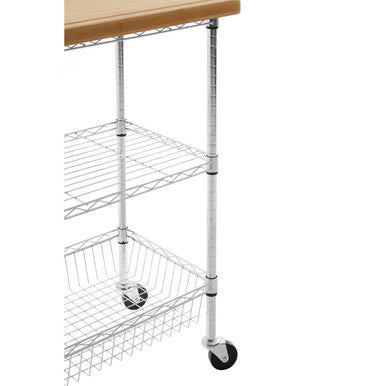 Silver and Natural 3 Tier Kitchen Trolley with Rubber Wood Top, Frankfurt