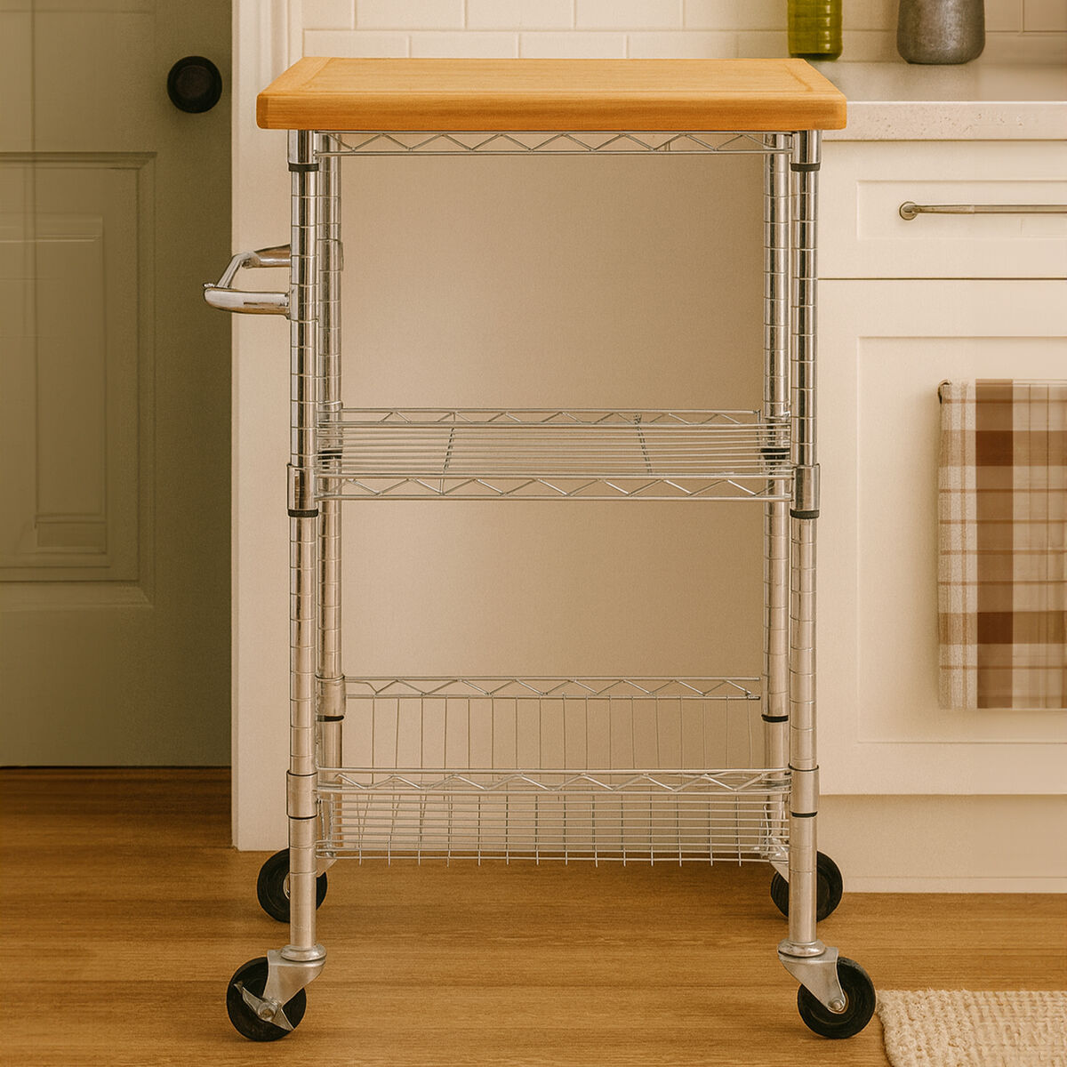 Silver and Natural 3 Tier Kitchen Trolley with Rubber Wood Top, Frankfurt