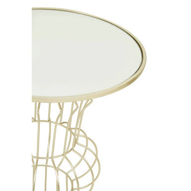 Mirrored Glass Top Side Table with Light Gold Finish Concertina Wireframe Metal Base, Yaxi