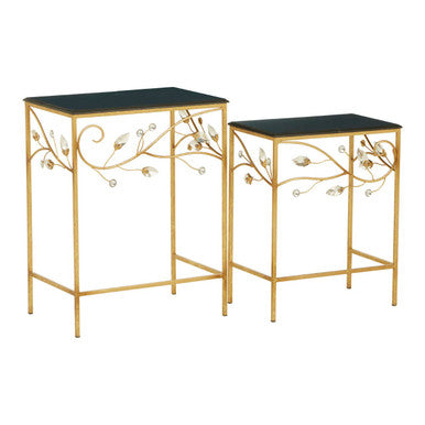 Set of 2 Black Wooden Top Tables with Gold Metal Frame, Yaxi