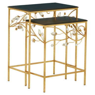 Set of 2 Black Wooden Top Tables with Gold Metal Frame, Yaxi
