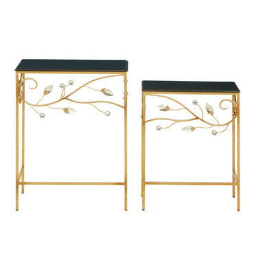 Set of 2 Black Wooden Top Tables with Gold Metal Frame, Yaxi
