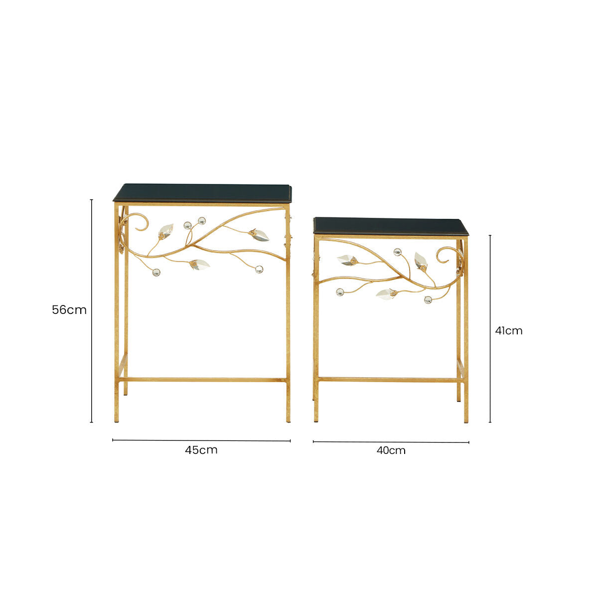 Set of 2 Black Wooden Top Tables with Gold Metal Frame, Yaxi
