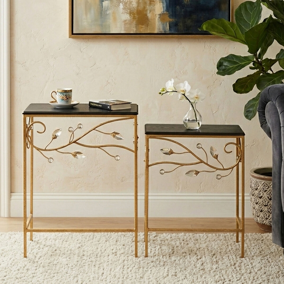 Set of 2 Black Wooden Top Tables with Gold Metal Frame, Yaxi