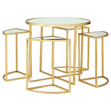 Set of 5 Champagne Gold Wood and Metal Nesting Tables with Glass Top, Farran