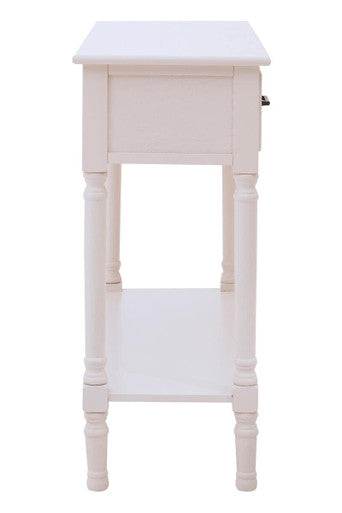 White Natural Wood Console Table with Two Carved Detail Drawers and Lower Shelf, Heritage