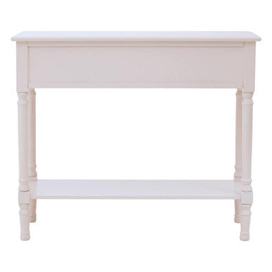 White Natural Wood Console Table with Two Carved Detail Drawers and Lower Shelf, Heritage
