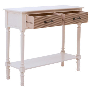 White Natural Wood Console Table with Two Carved Detail Drawers and Lower Shelf, Heritage
