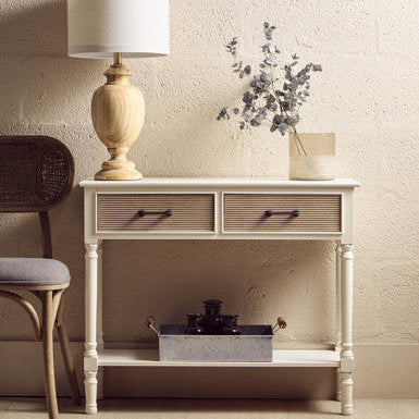 White Natural Wood Console Table with Two Carved Detail Drawers and Lower Shelf, Heritage
