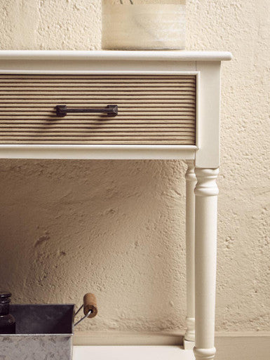 White Natural Wood Console Table with Two Carved Detail Drawers and Lower Shelf, Heritage