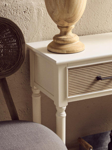 White Natural Wood Console Table with Two Carved Detail Drawers and Lower Shelf, Heritage