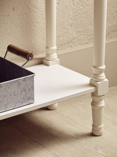 White Natural Wood Console Table with Two Carved Detail Drawers and Lower Shelf, Heritage