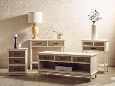 White Natural Wood Console Table with Two Carved Detail Drawers and Lower Shelf, Heritage