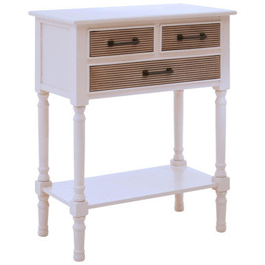 White Natural Wood Console Table with 3 Carved Detail Drawers and Lower Shelf, Heritage