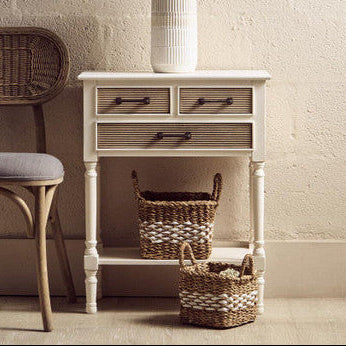 White Natural Wood Console Table with 3 Carved Detail Drawers and Lower Shelf, Heritage