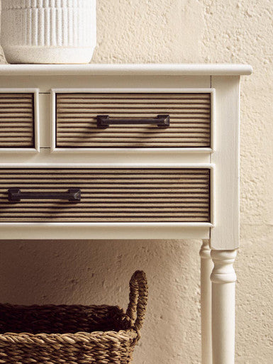 White Natural Wood Console Table with 3 Carved Detail Drawers and Lower Shelf, Heritage