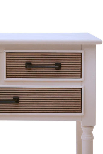White Natural Wood Console Table with 3 Carved Detail Drawers and Lower Shelf, Heritage