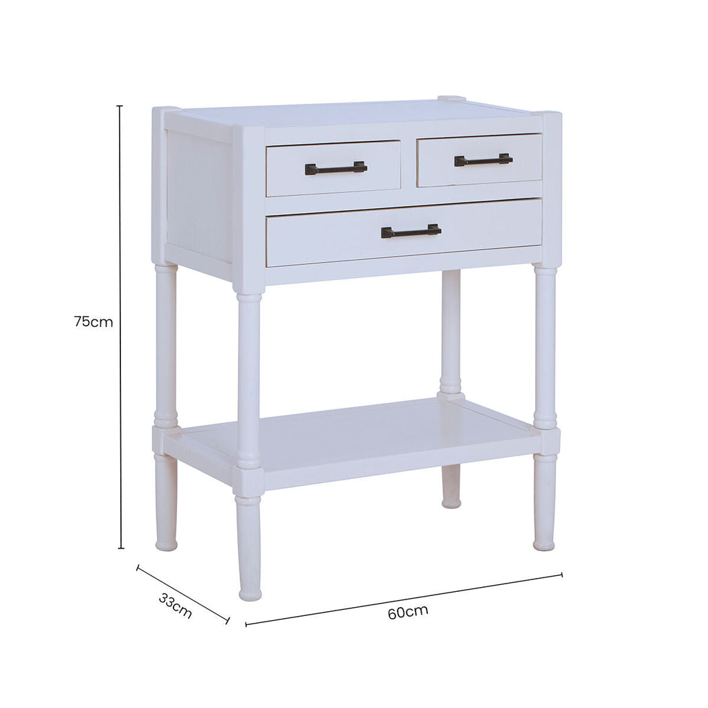 Pearl White Finish Wooden Console Table with Three Drawers and Lower Storage Shelf | Heritage