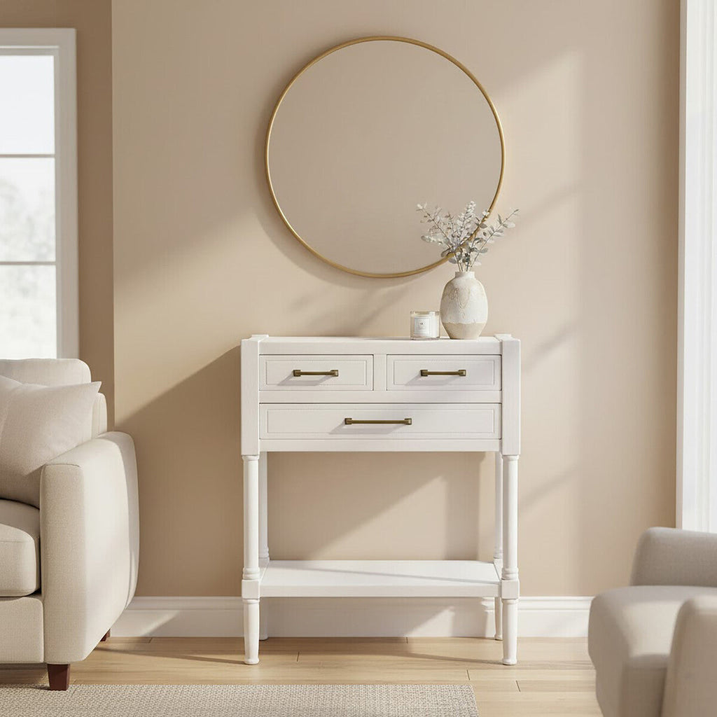 Pearl White Finish Wooden Console Table with Three Drawers and Lower Storage Shelf | Heritage