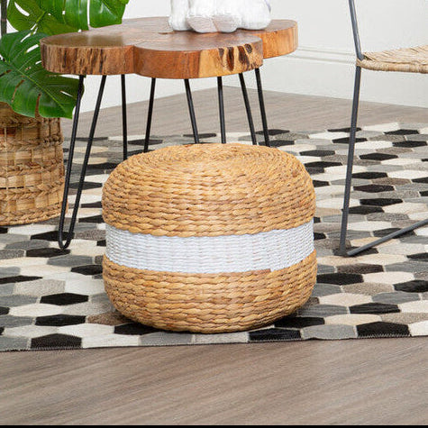 Ashby Water Hyacinth Pouffe with White Stripe