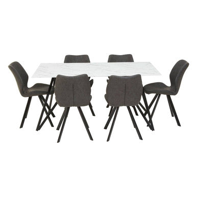 White Marble Effect Top and Metal Legs Dining Table with Faux Leather 6 Grey Chairs Set, Weston