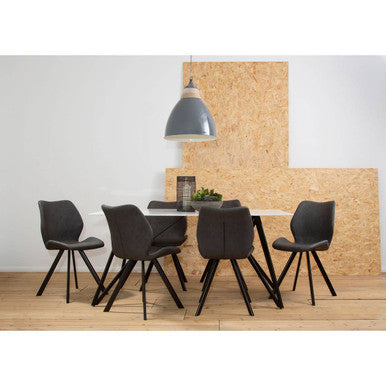 White Marble Effect Top and Metal Legs Dining Table with Faux Leather 6 Grey Chairs Set, Weston
