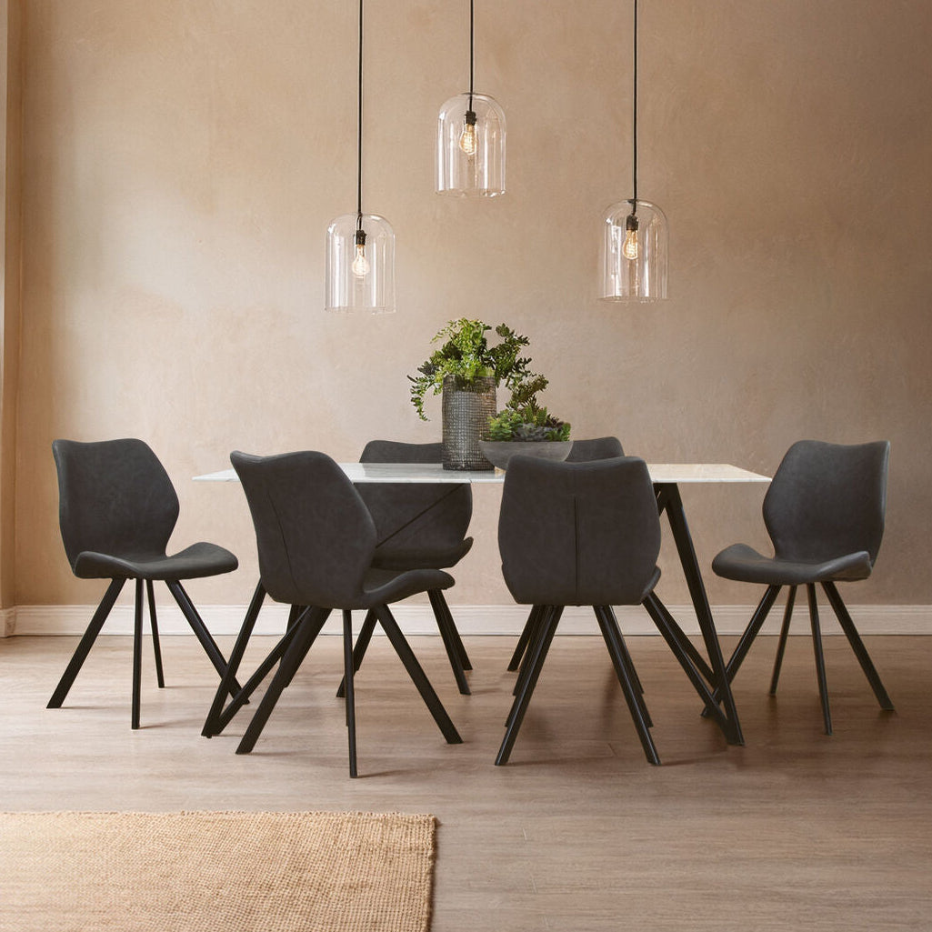 White Marble Effect Top and Metal Legs Dining Table with Faux Leather 6 Grey Chairs Set, Weston