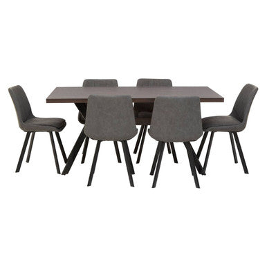 Grey Wooden Top and Metal Legs Rectangle Dining Table with 6 Brown Chairs Set, Westford