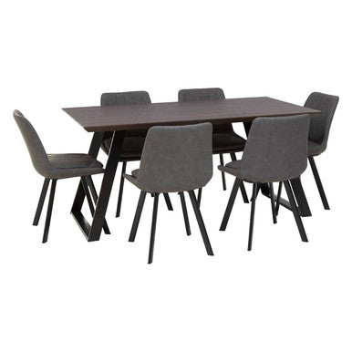 Brown Wooden Top and Metal Legs Dining Table with 6 Grey Chairs Set, Westford