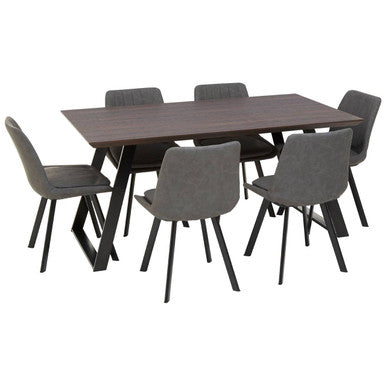 Brown Wooden Top and Metal Legs Dining Table with 6 Grey Chairs Set, Westford