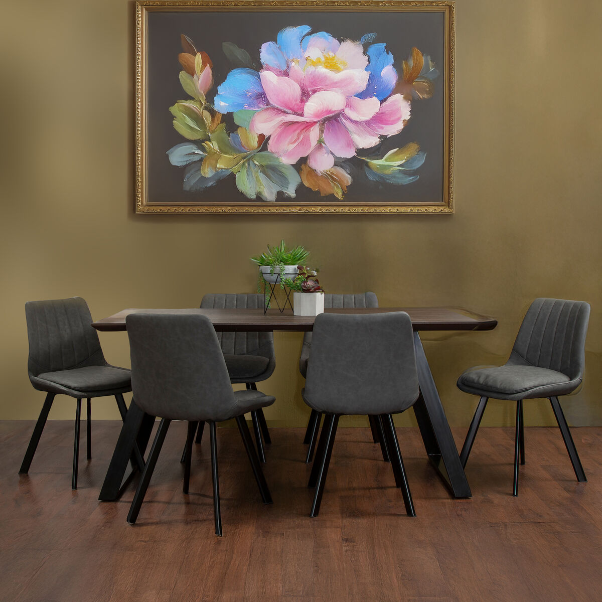 Brown Wooden Top and Metal Legs Dining Table with 6 Grey Chairs Set, Westford
