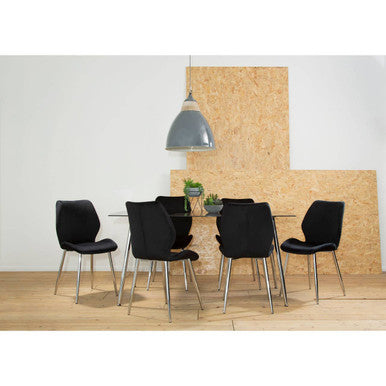Black Tempered Glass Top and Silver Frame Dining Table with 6 Chairs Set, Wimslow