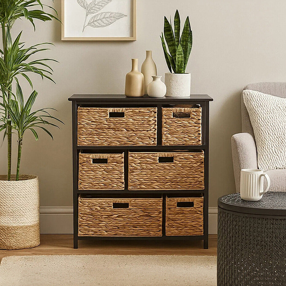 Padstow Black Storage Unit with 6 Water Hyacinth Drawers