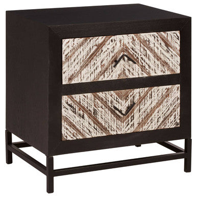 Black Wooden 2-Drawer Bedside Table with Chevron Pattern Drawer Fronts and Metal Handles, Lombok