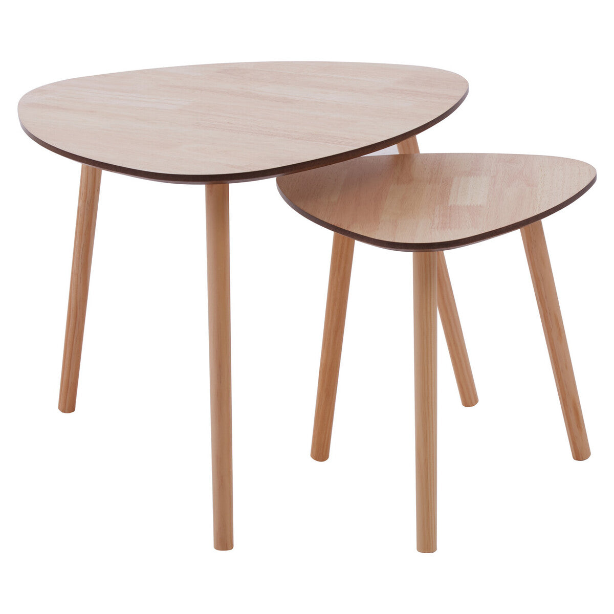 Set of 2 Natural Wooden Nesting Side Tables with Tripod Legs and Rounded Triangle Tops, Rostok