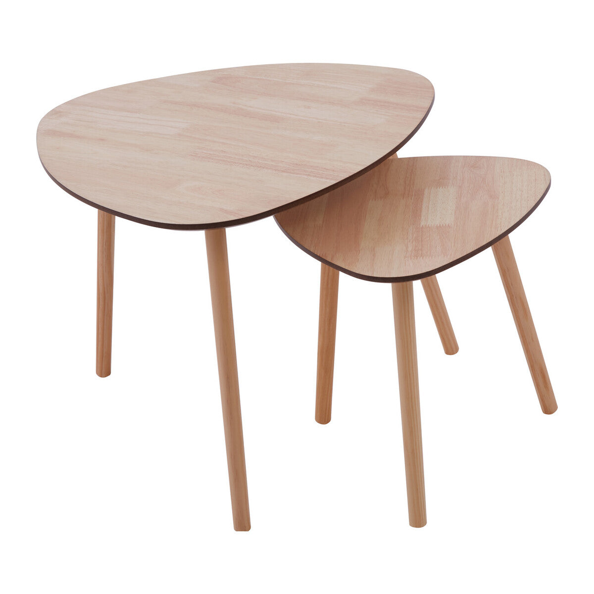Set of 2 Natural Wooden Nesting Side Tables with Tripod Legs and Rounded Triangle Tops, Rostok