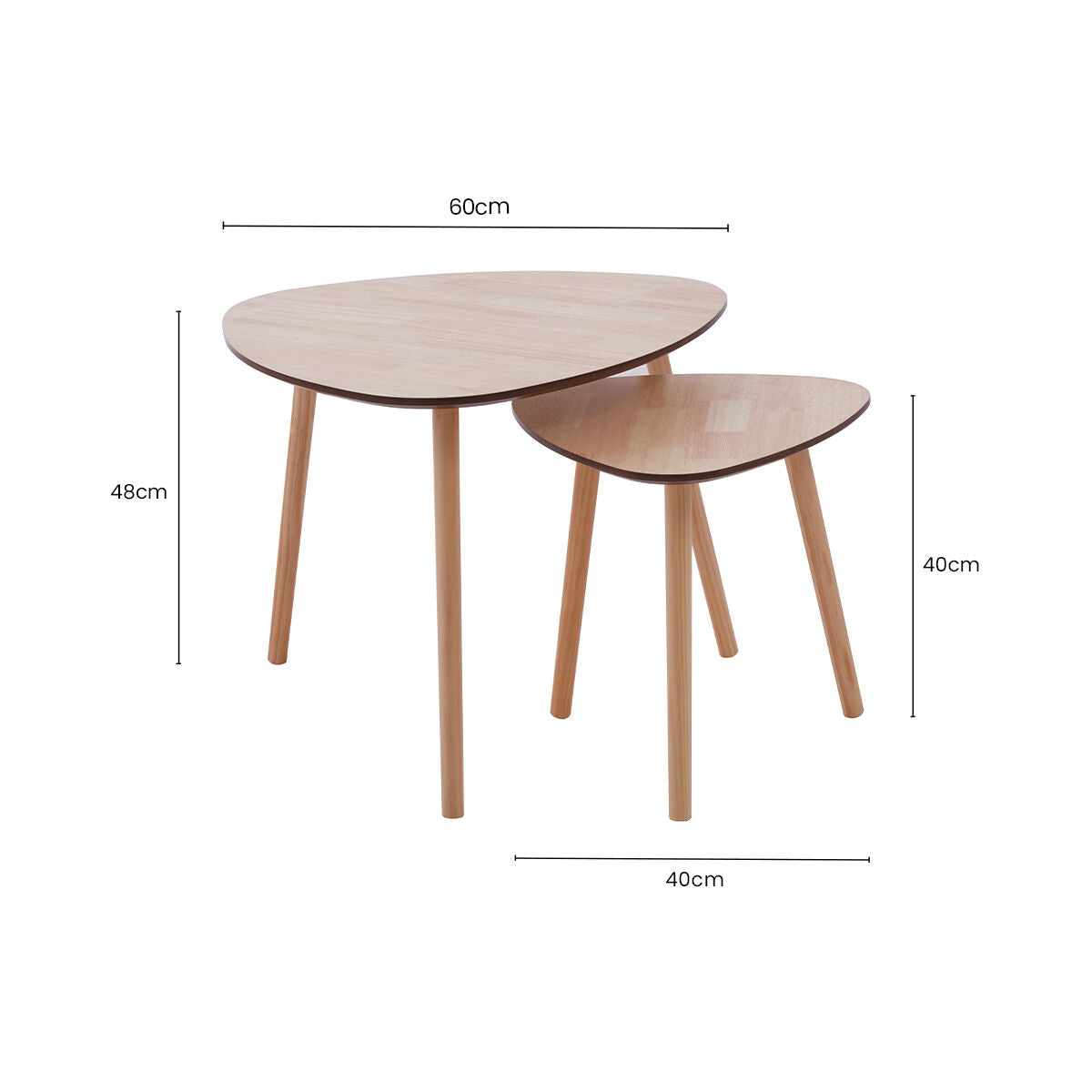 Set of 2 Natural Wooden Nesting Side Tables with Tripod Legs and Rounded Triangle Tops, Rostok