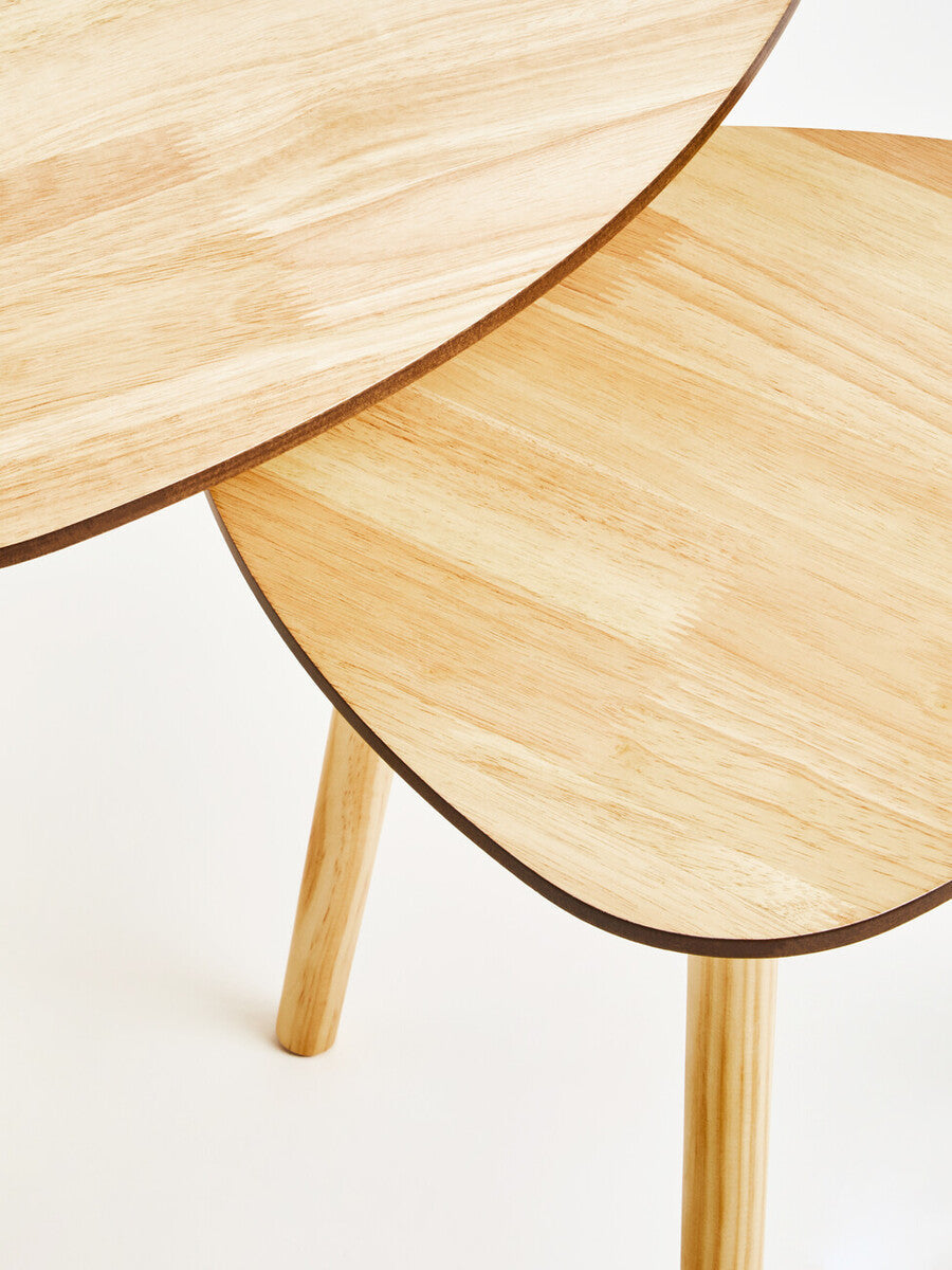 Set of 2 Natural Wooden Nesting Side Tables with Tripod Legs and Rounded Triangle Tops, Rostok