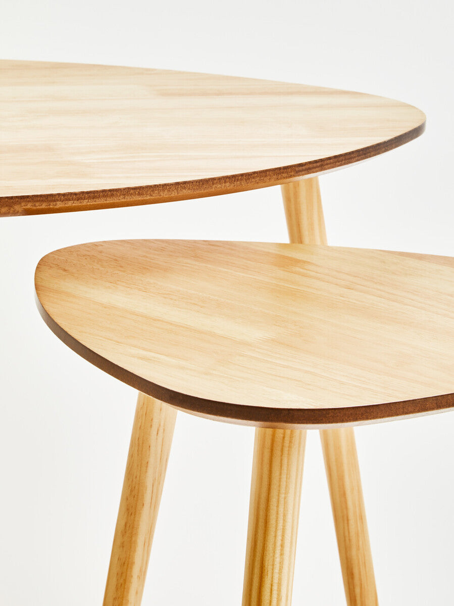 Set of 2 Natural Wooden Nesting Side Tables with Tripod Legs and Rounded Triangle Tops, Rostok