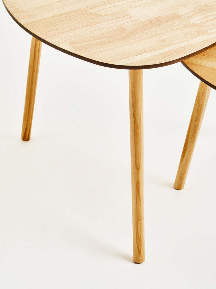 Set of 2 Natural Wooden Nesting Side Tables with Tripod Legs and Rounded Triangle Tops, Rostok