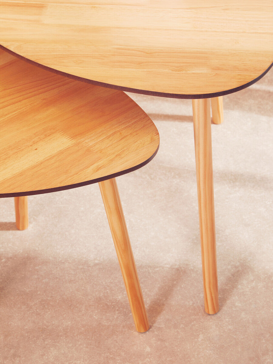 Set of 2 Natural Wooden Nesting Side Tables with Tripod Legs and Rounded Triangle Tops, Rostok