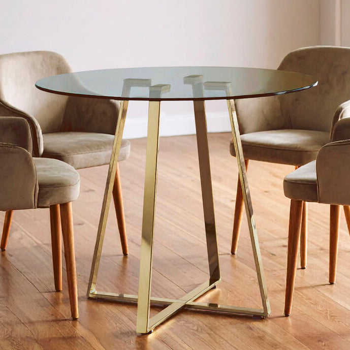 Clear Glass Top and Gold Finish Round Steel Dining Table, Metropolitan